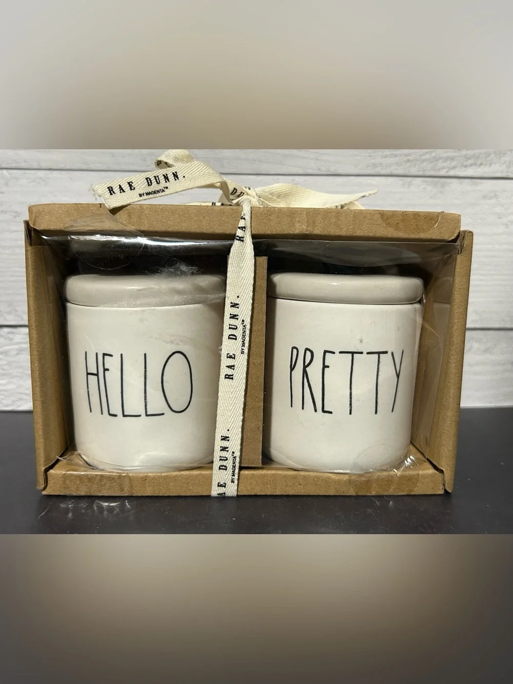 Rae Dunn White Ceramic 'Hello' & 'Pretty' Jar Set